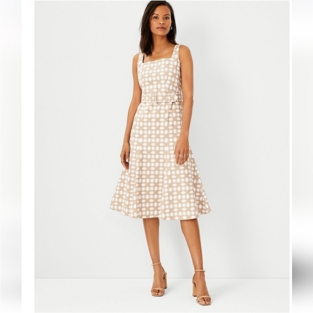 New ANN TAYLOR Petite Rattan Print Belted Flare Dress In Whiskey Cream 16 petite